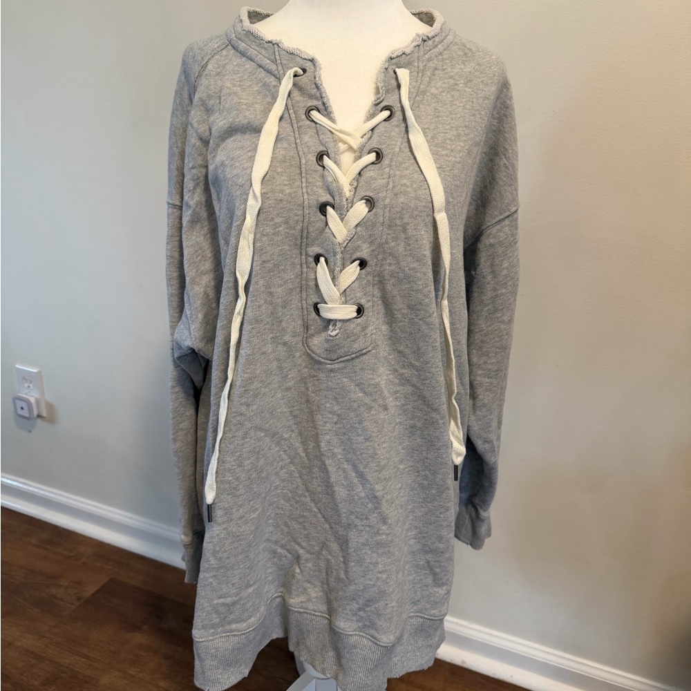 NWT! 🩶 Aerie Gray Lace-Up Grommet Sweatshirt Tunic Oversized Cozy- Size M